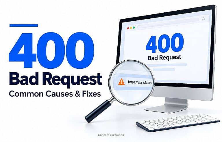 Desktop monitor displaying a 400 Bad Request error beside a magnifying glass inspecting a web address, with a keyboard on a white background.