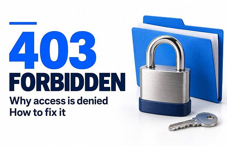 403 Forbidden headline beside a closed silver padlock, blue file folder, and key on a white background.