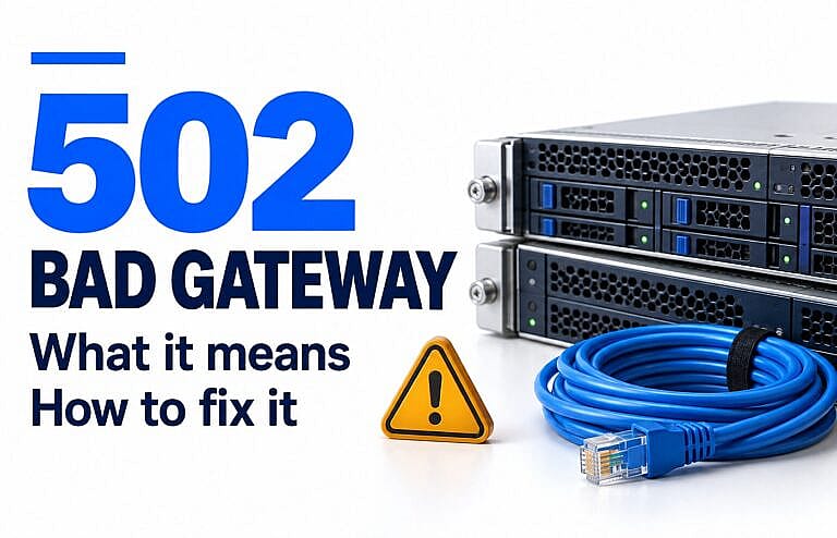 502 Bad Gateway headline beside server equipment, a blue Ethernet cable, and a warning symbol on a white background.