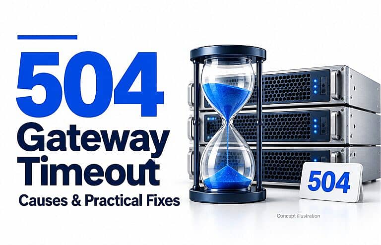 Glass hourglass with blue sand beside a stack of servers and a 504 sign, illustrating a gateway timeout.