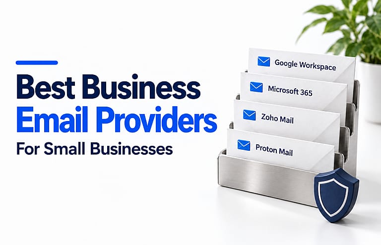 Mail sorter holding cards labelled Google Workspace, Microsoft 365, Zoho Mail, and Proton Mail beside a navy shield.