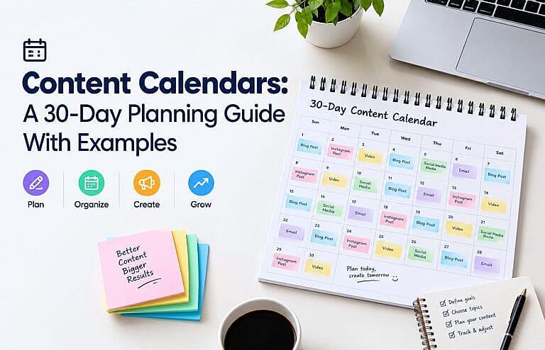 Content calendar planning workspace showing a 30-day marketing calendar with blog posts, social media, email, and video content ideas.
