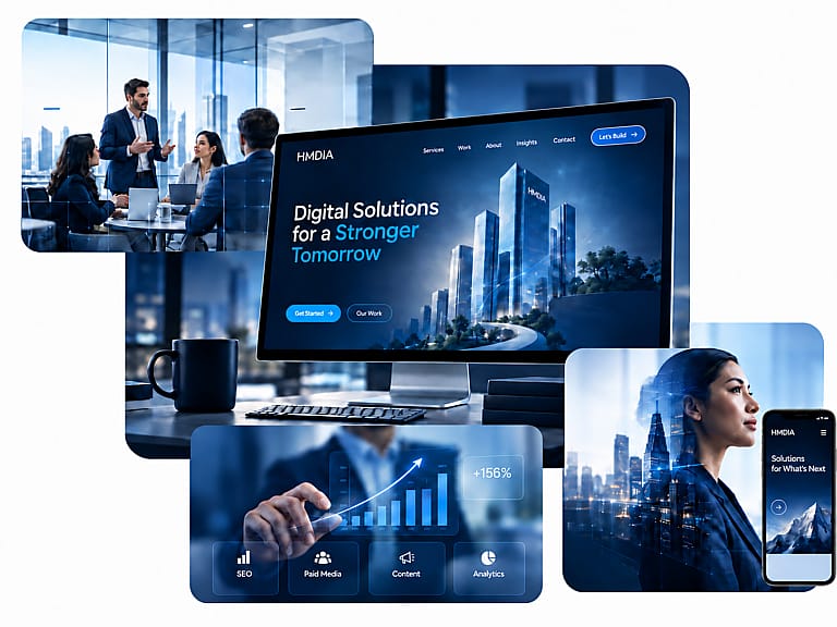 HMDIA digital solutions with desktop and mobile screens, a business meeting, and marketing visuals.