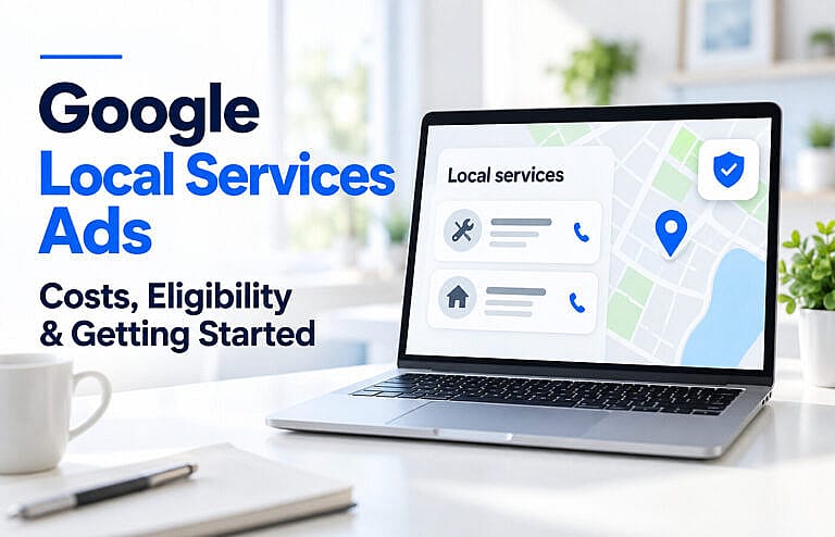 Laptop displaying local service listings and a map beside the title Google Local Services Ads: Costs, Eligibility and Getting Started.