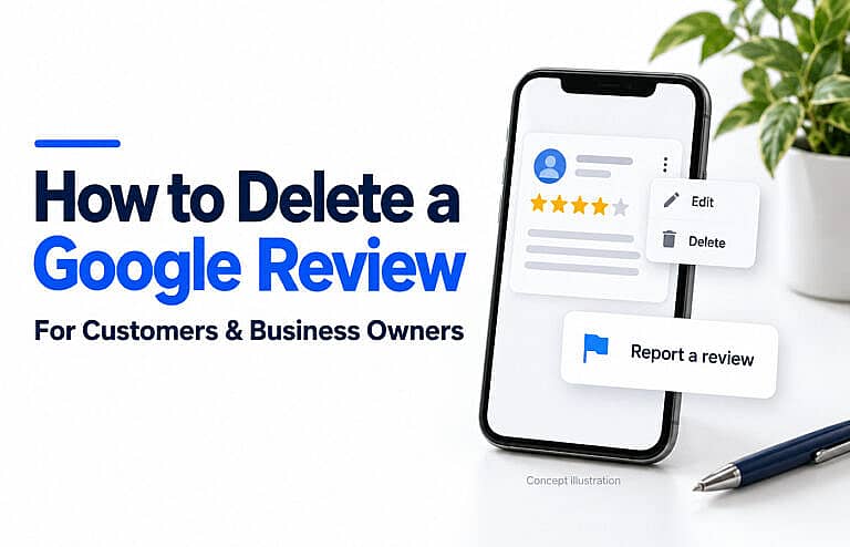 Laptop and phone illustrating Google review deletion and business review reporting.