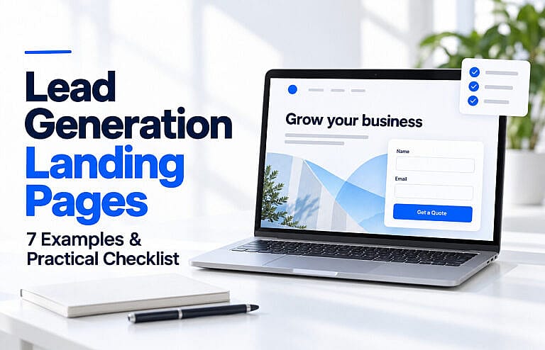 Laptop displaying a lead generation landing page with a contact form and checklist beside the article title.