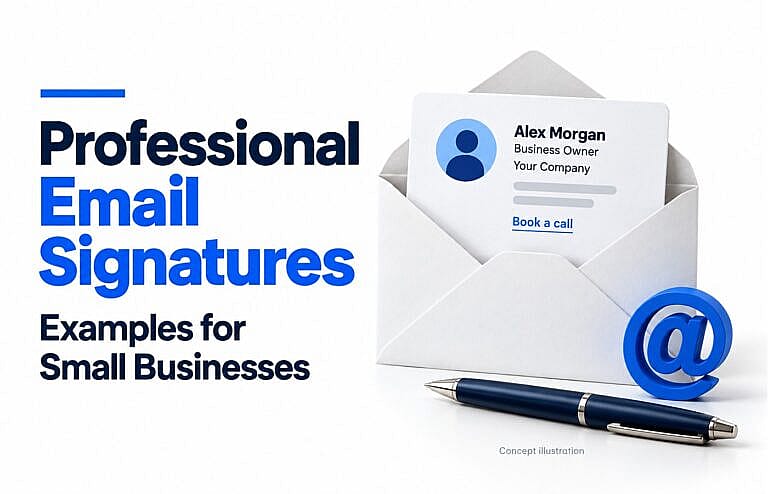 Email signature mockup emerging from a white envelope, with a blue @ symbol and navy pen.