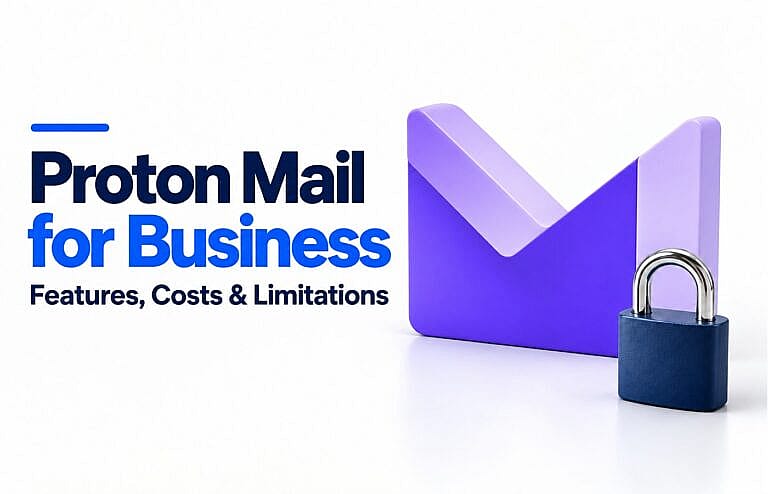 Large purple 3D Proton Mail logo beside a navy padlock and the Proton Mail for Business headline on a white background.