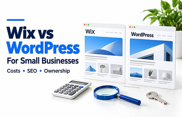 Wix and WordPress website concepts beside a calculator, magnifying glass and key, illustrating costs, SEO and ownership.