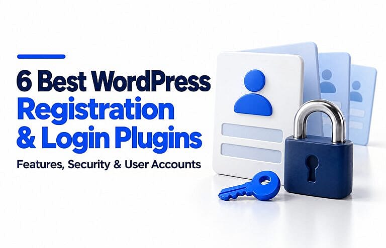 Blue user-profile cards, a navy padlock and a blue key beside the headline “6 Best WordPress Registration & Login Plugins” on a white background.