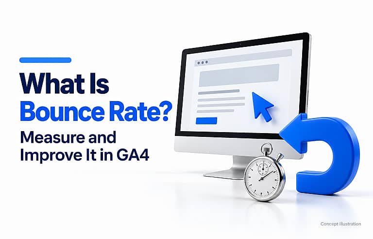 Desktop monitor with a blue cursor, curved return arrow and stopwatch beside the headline “What Is Bounce Rate?