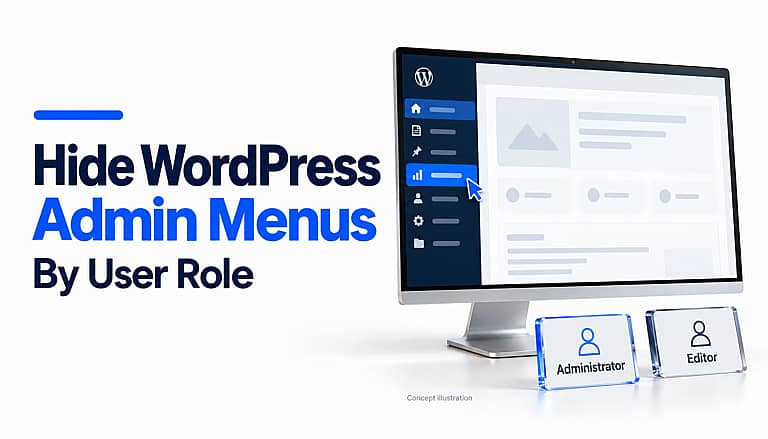 Monitor showing a conceptual WordPress admin sidebar beside Administrator and Editor cards, with the headline “Hide WordPress Admin Menus by User Role.