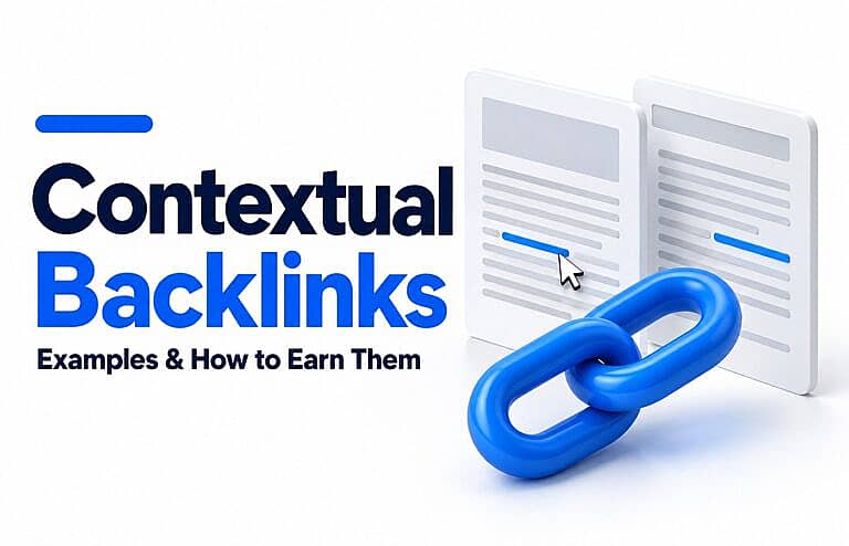 Two article cards with highlighted links beside a blue chain and the headline “Contextual Backlinks.