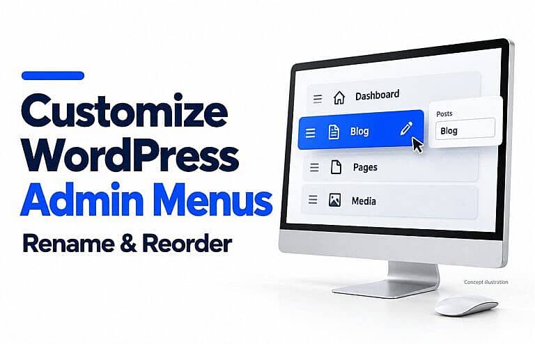 Desktop monitor illustrating renamed and reordered WordPress admin menu items beside the headline Customize WordPress Admin Menus.