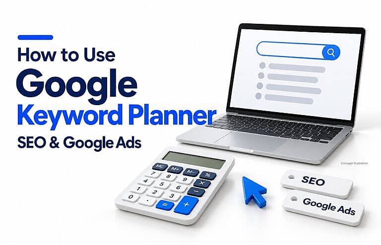 Google Keyword Planner guide with a laptop, calculator, blue cursor and SEO and Google Ads tags on a white background.