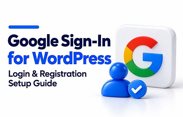 Google G logo on a white tile beside a blue user icon and checkmark, with the headline Google Sign-In for WordPress.