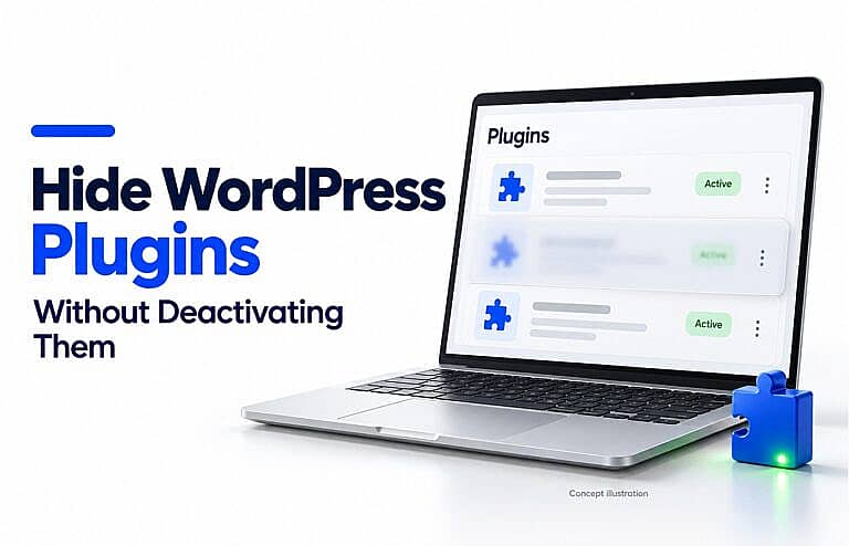 Laptop illustrating a hidden WordPress plugin entry with active plugins, beside a blue puzzle piece on a white background.