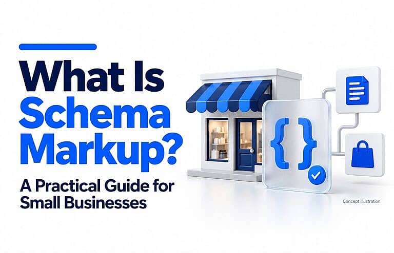 Schema markup guide featuring a miniature storefront, blue code brackets, and connected article and shopping icons on a white background.