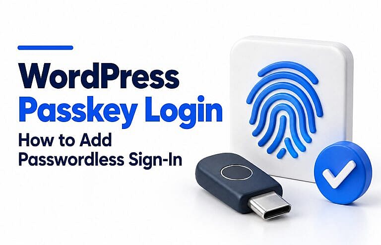 Blue fingerprint on a white tile beside a USB-C security key, blue checkmark and the WordPress Passkey Login headline.