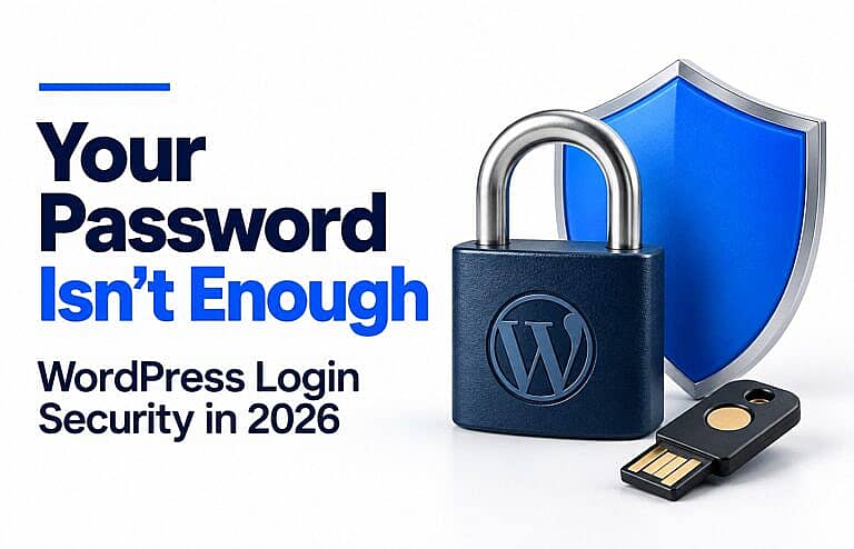 Navy padlock with the WordPress emblem, blue shield and security key beside “Your Password Isn’t Enough” on a white background.